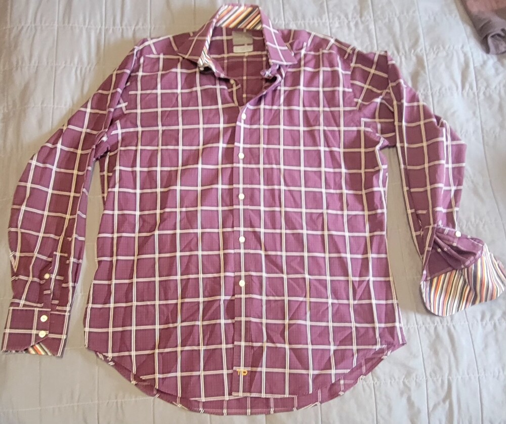 Thomas Dean Shirt Mens Large Purple Plaid Long Sleeve Button Up Striped Cuffs